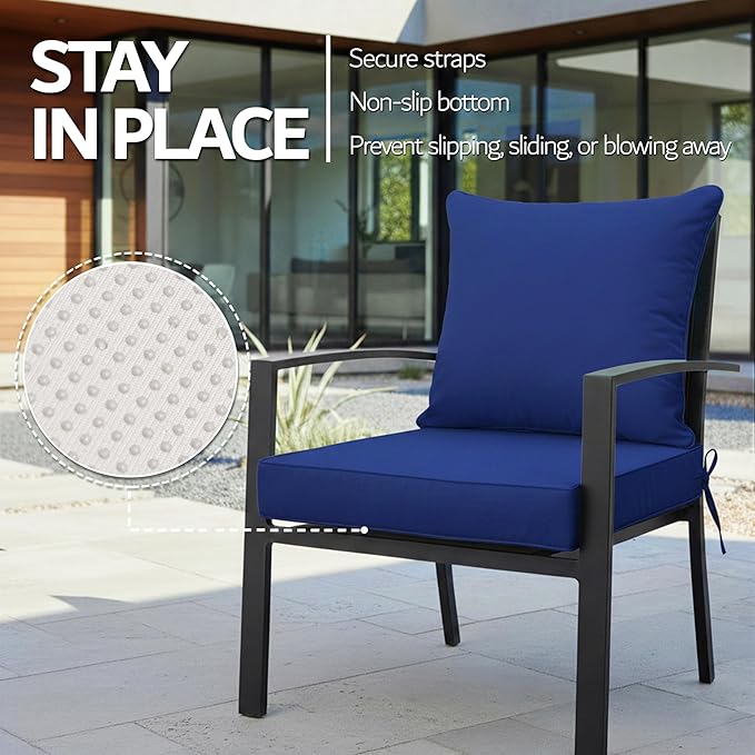 19x19 Inch Patio Chair Cushions Set of 4, Outdoor Furniture Cushions - Removable Cover, Water-Repellent, Fade-Resistant, Non-Slip Bottom & Straps, Replacement for Lawn, Porch & Deck Chair - Navy
