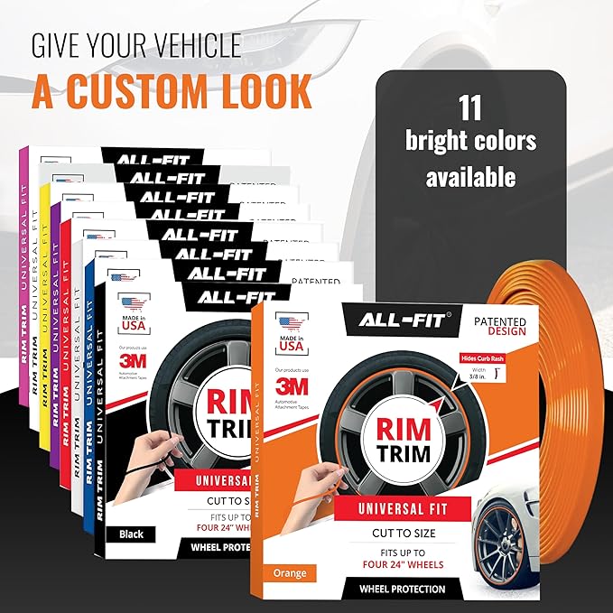 All-Fit Automotive Rim Trim – Durable DIY Car Exterior Accessories for Curb Rash Protection – Fits Up to Four 24” Wheels – Flexible, Durable Wheel Rim Protector (3/8″ width/Orange)
