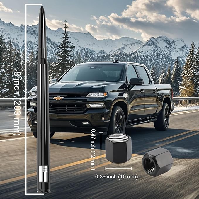 10" Car Truck Bullet Antenna with Tire Valve Caps American Flag Universal Replacement for GMC Sierra Chevy Silverado Dodge Ram 1500 2500 3500 Ford F150 F250 F350 Super Duty Raptor Accessories Black