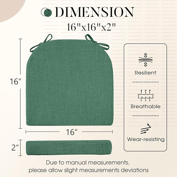 Basic Beyond Chair Cushions for Dining Chairs 6 Pack, Kitchen Chair Cushions with Ties and Non Slip Backing, 16 x 16 inches Chair Pads for Dining Chairs (Forest Green)
