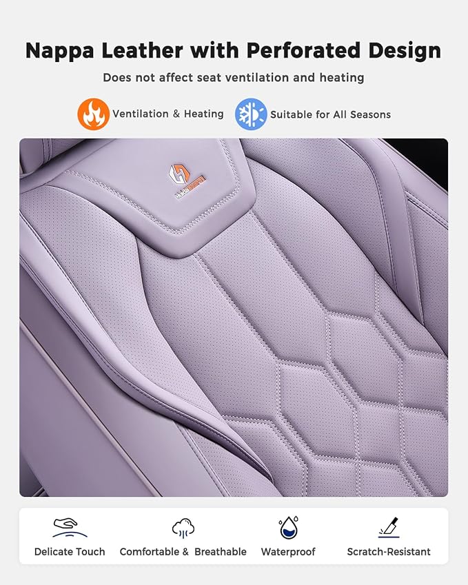 Huidasource Leather Car Seat Covers Full Set, Full Coverage Universal Fit for Most Cars SUVs Trucks, Easy Install with Velcro, Airbag Compatible, Retains Seat Functions & Cupholders, Purple