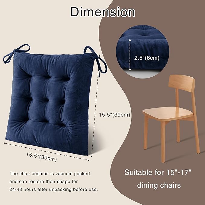 OVOV 1 Pack Chair Cushions for Dining Chairs Soft Seat Cushions for Kitchen Desk Chairs Square Chair Pads with Ties (15.5"x15.5" Navy)