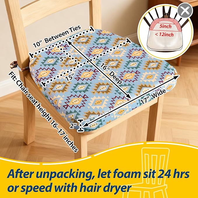 AAAAAcessories D-Shaped Chair Cushions, 2" Thick Dining Chair Pads with Ties and Removable, Machine-Washable Cover, 17" x 16", Set of 6, Geometric Blue