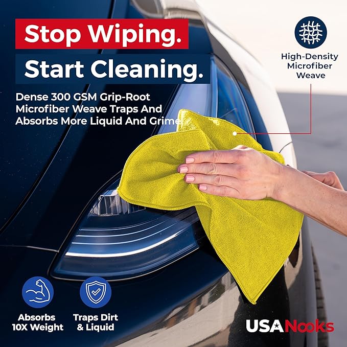 USANOOKS Microfiber Cleaning Cloth Yellow - 100 Pcs 12.5"x12.5" - High Performance - 1200 Washes, Ultra Absorbent Towels Weave Grime & Liquid for Streak-Free Mirror Shine - Car Washing Cloth