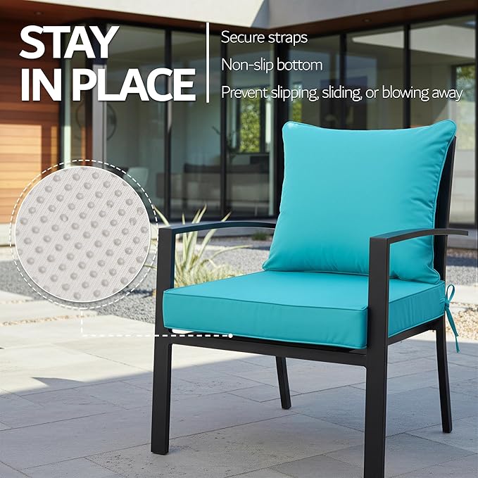 22x22 Inch Patio Chair Cushion with Removable Cover, Outdoor Furniture Cushion - Water-Repellent, Fade-Resistant, Non-Slip Bottom & Straps, Replacement for Lawn, Porch & Deck Chair - Teal