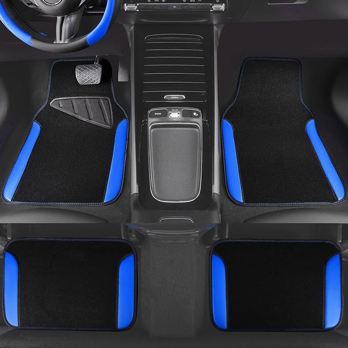 CAR PASS Faux Leather Steering Wheel Cover and Waterproof Car Floor Mats,Universal Car Combo Fit for 95% Sedan,SUV,Cars,14.5-15inch Sporty Anti-Slip Safety Comfortable Design(Black＆Bule)