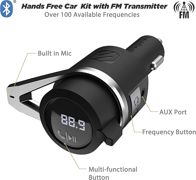 Scosche FM Bluetooth Radio Transmitter for Car, Hands-Free Kit with Dual USB Charging Ports, 12W USB-A + 20W Fast Type-C Car Charger, Wireless Adapter for Calls, Siri and Google Assistant