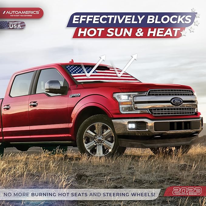 Autoamerics 1-Piece Windshield Sun Shade Original American Flag USA Patriotic Design - Foldable Car Front Window Sunshade for Sedans SUV Truck - Blocks Max UV Rays and Keeps Your Vehicle Cool - Large