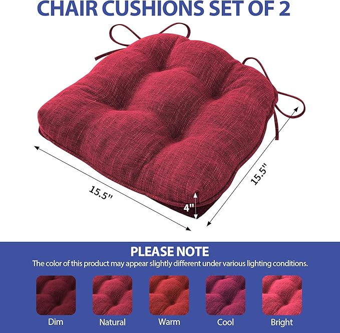 IPYNBAP Chair Cushions for Dining Chairs Set of 2, Red Kitchen Chair Cushions, Chair Pads with Ties and Non Slip Backing, Christmas Room Decor, Tufted Memory Foam Seat Cushion 2 Pack, 15.5"x15.5"x4"