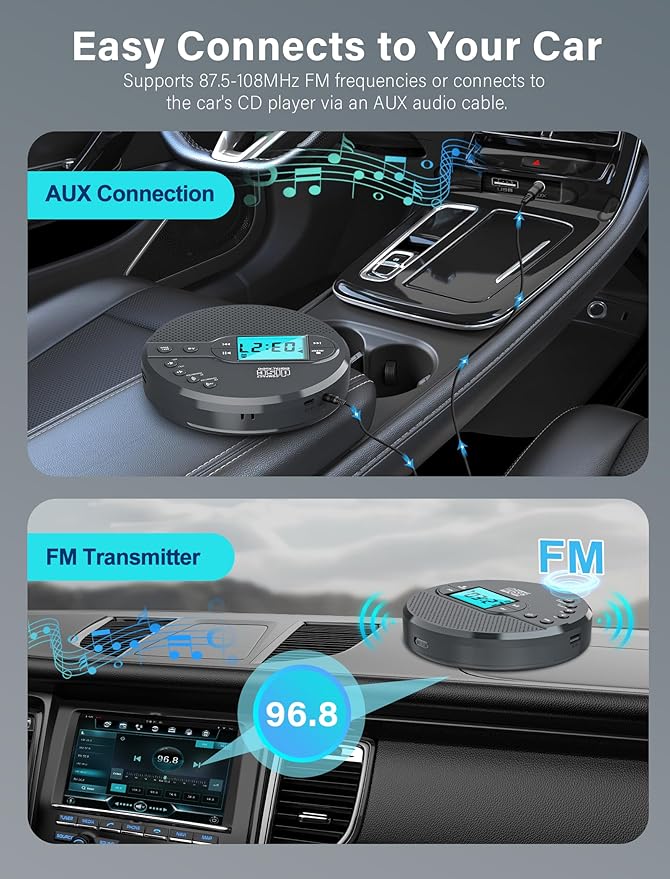 Portable CD Player with 2000mAh Rechargeable Battery-Bluetooth Connect CD Player with 3.5mm Headphones Jack,FM Transmitter,LCD Screen,AUX,Built-in Speaker,USB MP3 Player, Anti-Shock Protection for Car