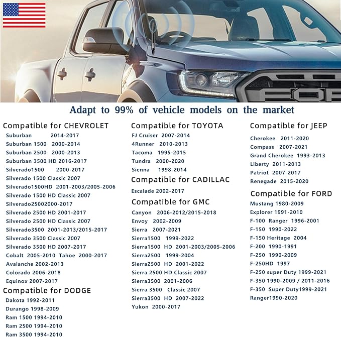 American Flag Car Truck Bullet Antenna with Valve Stem Caps, Universal Mast for GM Chevy Silverado 1500 2500 3500 HD Avalanche Ford F150 F250 F350 Denali Heavy Duty Pickup Trucks Accessories (Silver)