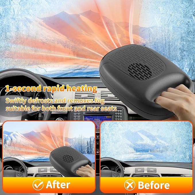12V Portable Car Heater & Defroster – 120W Turbo Fast Heating/Cooling, 360° Adjustable, Plug & Play for Cars/SUVs/RVs – Dual Defog & Fog-Free Driving-grey
