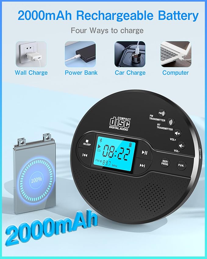 Sunoony Portable CD Player with Bluetooth, Walkman CD Player with FM Transmitter and Speakers for Car, Rechargeable Discman with Anti-Skip Protection, Headphones, LCD Display (Black)
