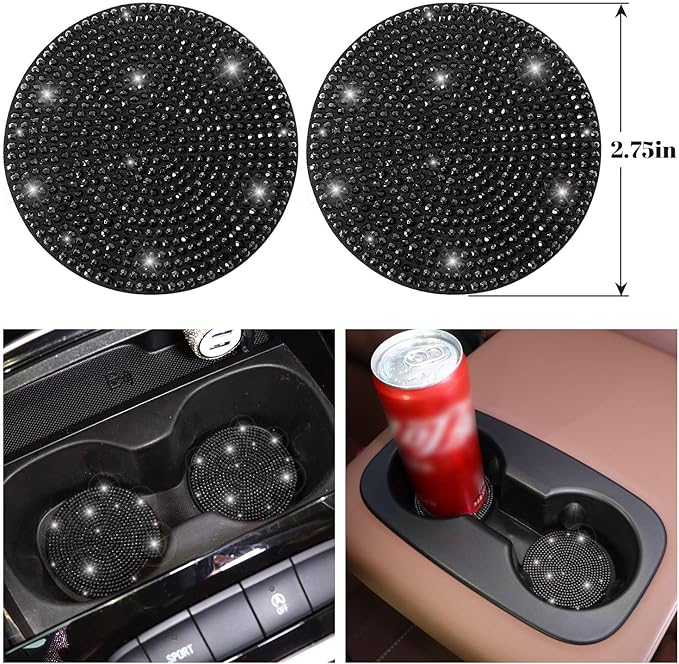 7 Pack Black Bling Car Accessories Set,Crystal Diamond Car Accessories for Women Girl 15 inch,Seat Belt Covers,Bling Gear Shift Cover,Push Start Button Ring, Cup Coaster,Black