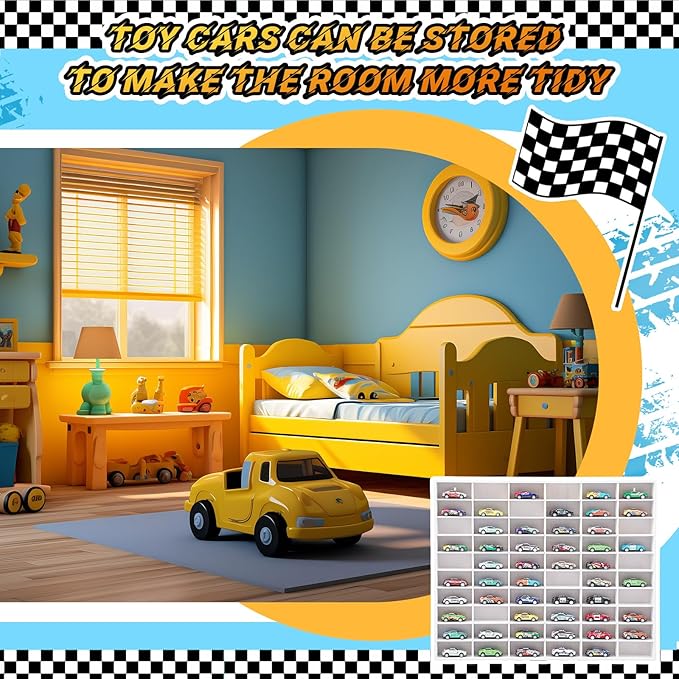 Seenelling Wooden Display Case for Hot Diecast Wheels, 60 Spaces, Wall Mount, 1/64 Scale, Toy Car Storage Display Shelf, Model Car Storage Organizer, Cabinet for Model Collectible (White,Classic)