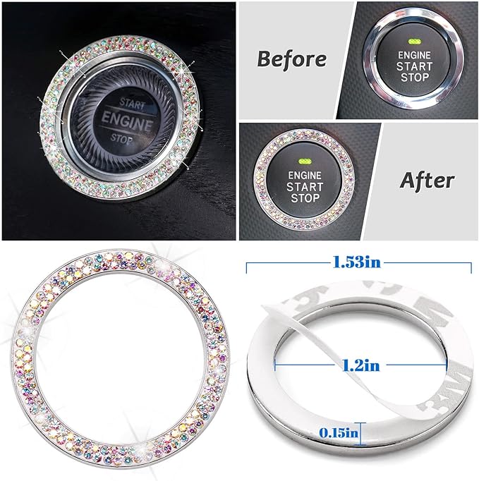 Bling Steering Wheel Cover Set 15 inch,7 Pack Crystal Diamond Rhinestone Car Accessories with Bling Seat Belt Cushion,Gear Shift Cover,Push Start Button Ring, Car Coaster,Multicolor
