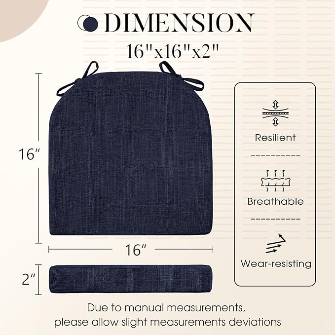 Basic Beyond Memory Foam Dining Chair Cushions, 6 Pack - Navy, 16 x 16 inches, Slip Resistant with Ties, Indoor Use, Modern Style, Resilient