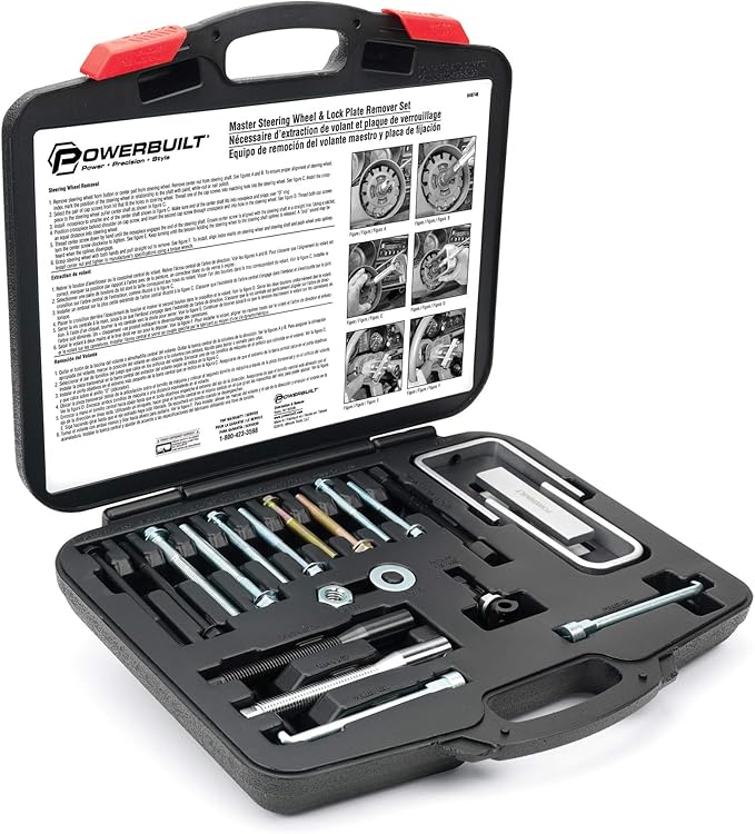 Powerbuilt Master Steering Wheel and Lock Plate Puller Kit, Foreign and Domestic Vehicles, 16 Piece Car Repair Tool Set - 648748