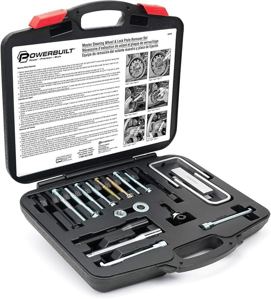 Powerbuilt Master Steering Wheel and Lock Plate Puller Kit, Foreign and Domestic Vehicles, 16 Piece Car Repair Tool Set - 648748