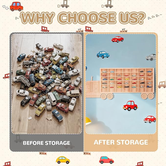 3D Wooden Toy Cars Display, Wall-Mounted for 42 Toy Cars, 1/64 Scale Model Car Organizer with Unique Patchwork Design