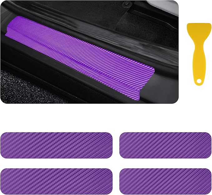 4PCS Car Door Sill Protector with Scraper,Carbon Fiber Car Door Protector Edge Guards for Front Rear Door Sills,Universal Anti-Scratch Car Door Threshold Strips (Purple)