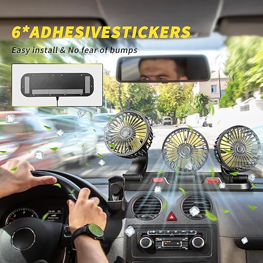 Portable 3-Head Car Cooling Fan - 2-Speed Adjustable, 360° Rotating, Cigarette Lighter Plug, Powerful Airflow for Vehicles, RVs, and SUVs