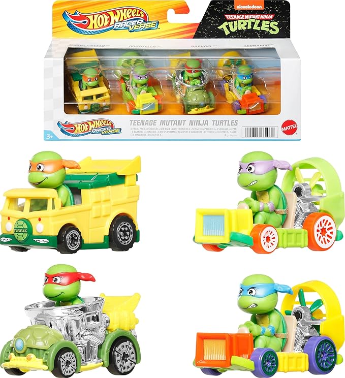Hot Wheels RacerVerse, Set of 4 Die-Cars 1:64 Scale Toy Cars Optimized for Driving on Tracks with Pop Culture Characters as Drivers