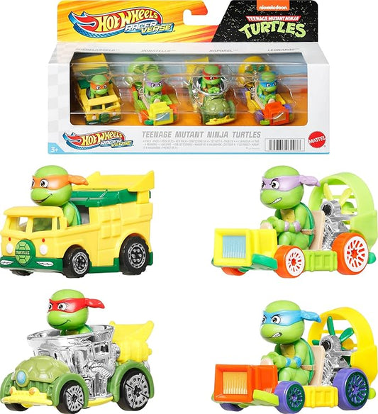 Hot Wheels RacerVerse, Set of 4 Die-Cars 1:64 Scale Toy Cars Optimized for Driving on Tracks with Pop Culture Characters as Drivers