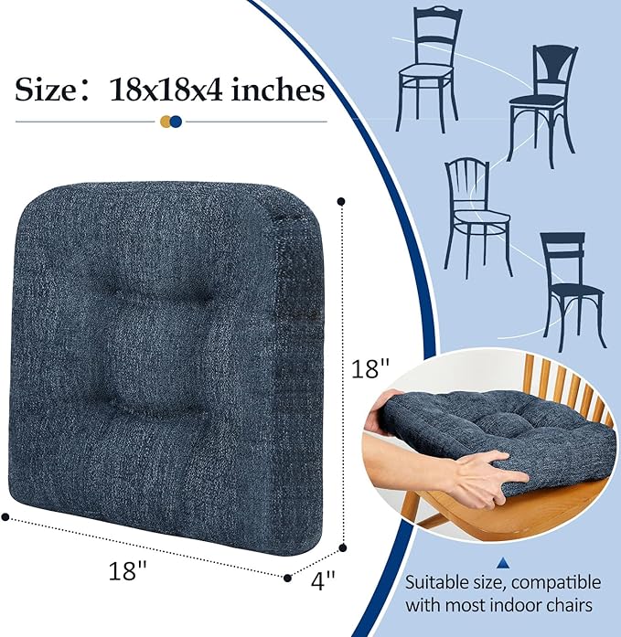 downluxe Chair Cushions for Dining Chairs 4 Pack, Tufted Indoor Chair Pads with Non-Slip Bottom, U-Shaped Kitchen Chair Cushions, 18"x18"x4", Navy