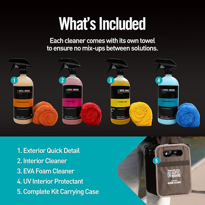 Boat Cleaning Kit 4 Pack 32oz – Marine Interior Cleaner, UV Protectant, EVA Foam Deck Cleaner & Quick Detailer – Boat Detailing Kit with Microfiber Towels – Pontoon, Fishing Boat Care