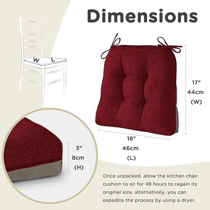 AddGrace Chair Cushions for Dining Chairs Set of 4 Kitchen Seat Cushions with Ties and Non Slip Backing Tufted Indoor Seat Pad for Kitchen Dining Room 18" x 17" x 3" Burgundy