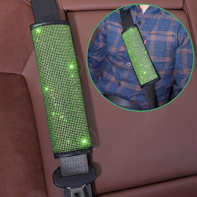 Steering Wheel Cover for Women 15 inch Set of 7,Crystal Diamond Rhinestone Green Bling Car Accessories,Seat Belt Cover,Gear Shift Cover,Push Start Bling Ring,Cup Coaster,Grass Green