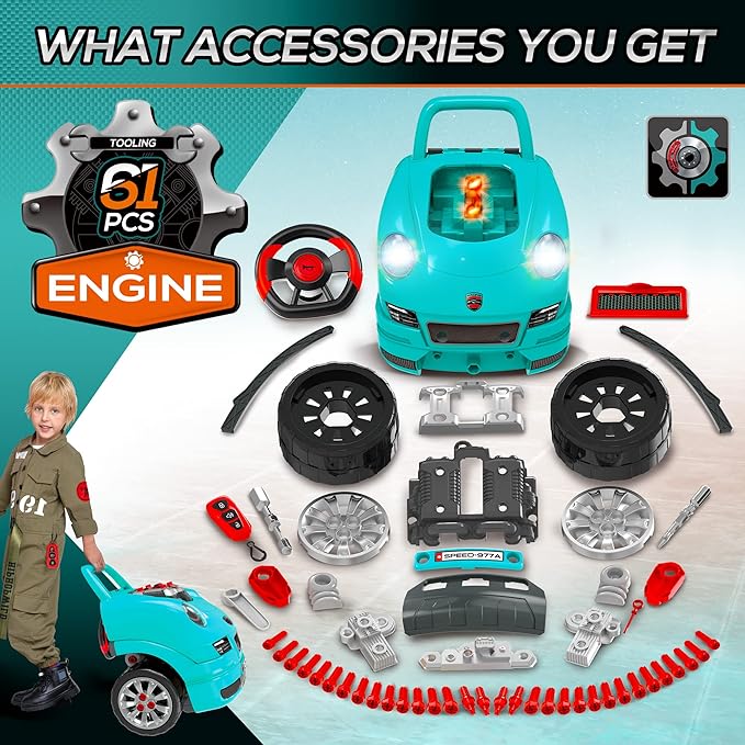 Qaba Truck Engine Toy, Kids Mechanic Set with Lights, Sounds, Steering Wheel and Horn, Pretend Car Service Station Play with 61-Piece Included for Kids Aged 3+, Blue