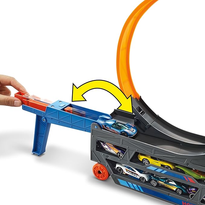 Hot Wheels Transporter Truck Mobile Playset Large Loop Collapsible Launcher Room for 18 Die-Cast 1:16 Vehicles Ages 3 and Up