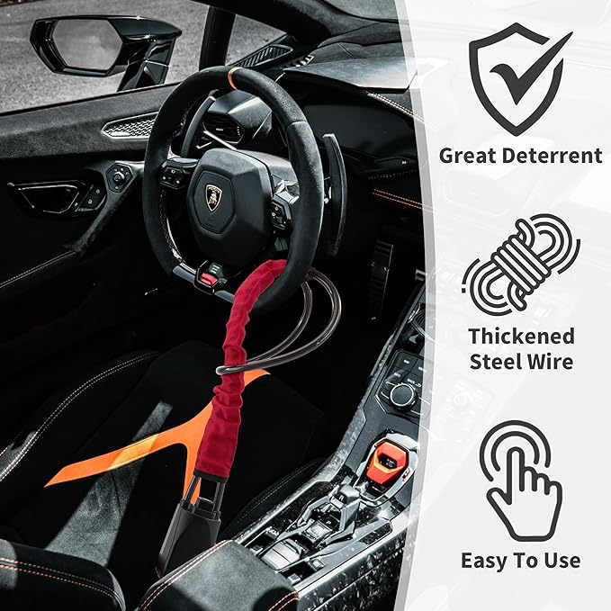 Car Steering Wheel Lock, 2 Pack Anti Theft Car Device with Max 17” Locking Length, Thickened Steel Wire, and Fine Stitched Edges, 3 Keys Included, Easy to Store, Fits Most Vehicles, SUVs