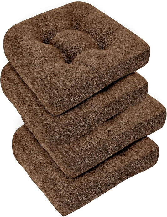 downluxe Chair Cushions for Dining Chairs 4 Pack, Tufted Indoor Chair Pads with Non-Slip Bottom, U-Shaped Kitchen Chair Cushions, 18"x18"x4", Brown