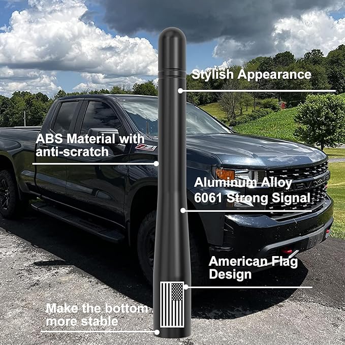 Car Truck Short Antenna 4" with Tire Valve Caps American Flag Universal Replacement for GMC Sierra Chevy Silverado Dodge Ram 1500 2500 3500 Ford F150 F250 F350 Super Duty Bronco Raptor, Black