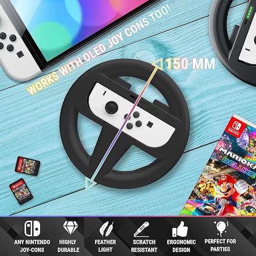 Orzly Steering Wheels for Nintendo Switch & OLED Console JoyCons, Racing Wheels for Mario Kart 8 Deluxe [Mariokart Switch Steering Wheel Joycon Controller Attachment Accessories]-TWIN PACK [2X Black]