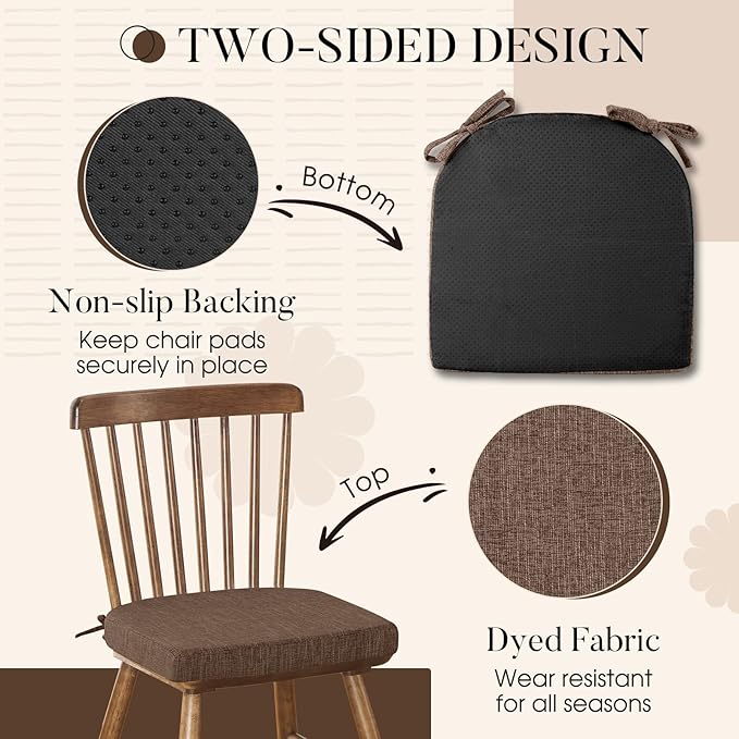 Basic Beyond Chair Cushions for Dining Chairs 6 Pack, Kitchen Chair Cushions with Ties and Non Slip Backing, 16 x 16 inches Chair Pads for Dining Chairs (Brown)