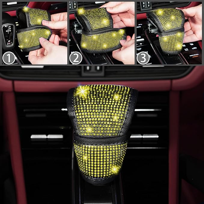 NBTEPEM 8 pcs Yellow Bling Car Accessories Set for Women, Steering Wheel Cover, Sparkly Seat Belt Covers, Bling Gear Shift Cover, Universal Fit Most Cars (Yellow Diamond)