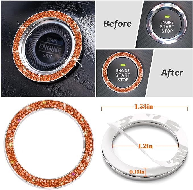 Steering Wheel Cover Set 15 inch,7 Pack Crystal Rhinestone Diamond Orange Bling Car Accessories,Seat Belt Cushion,Bling Shift Knob Cover,Puch to Start Ring,Car Cup Coaster,Orange