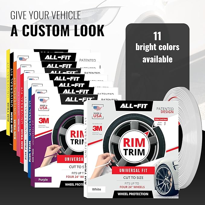 All-Fit Automotive Rim Trim – Durable DIY Car Exterior Accessories for Curb Rash Protection – Fits Up to Four 24” Wheels – Flexible, Durable Wheel Rim Protector (3/8″ width/White)