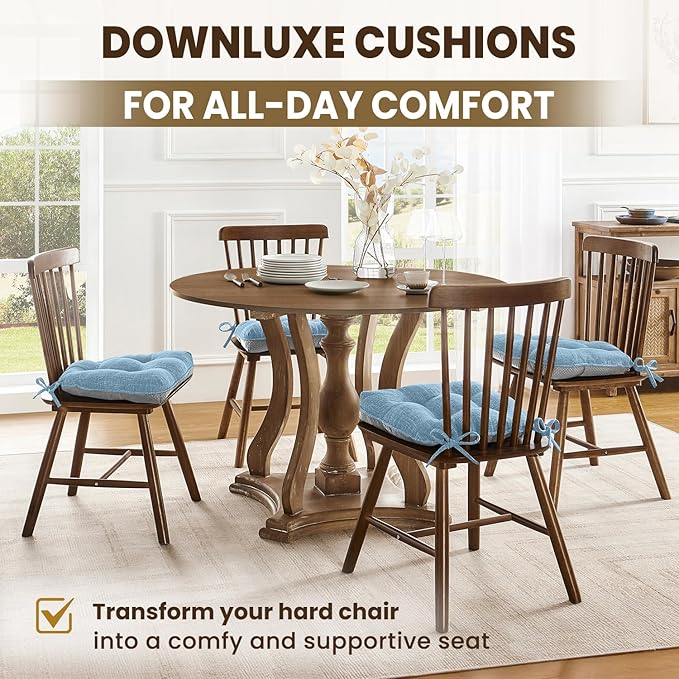 downluxe Indoor Chair Cushions for Dining Chairs, Tufted Overstuffed Textured Kitchen Chair Pads with Ties and Non-Slip Backing, 15.5" x 15.5" x 4", Light Blue, 6 Pack