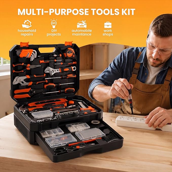 NEWBULIG 330-Piece Complete Tool Box Set, Durable Homeowners Tool Kit with Pull-Out Drawer, Versatile Home Repair Tool Kit for Auto & Household, DIY Projects, Yellow
