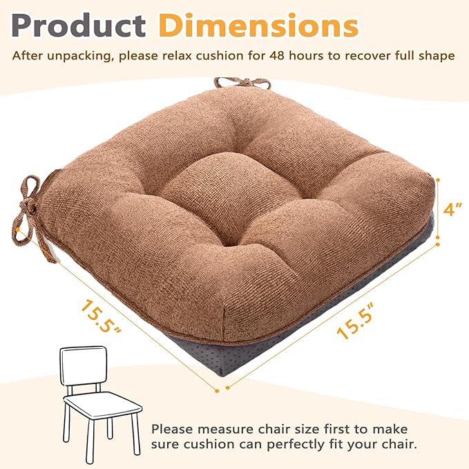 MAGIC ELEPHANT Chair Cushions for Dining Chair, Shredded Memory Foam Kitchen Chair Cushions Set of 4, Non-Slip Thick Dinning Room Chair Pads Seat Cushions, 15.5" x 15.5" x 4" (Brown)
