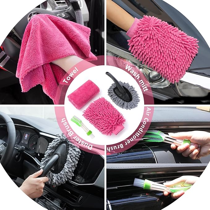41Pcs Car Cleaning Wash Kit Interior Detailing Cleaner Kit with High Power Handheld Vacuum, Collapsible Bucket, Windshield Tool, Snow Shovel, Tire Brush, Complete Car Care Tools, Pink