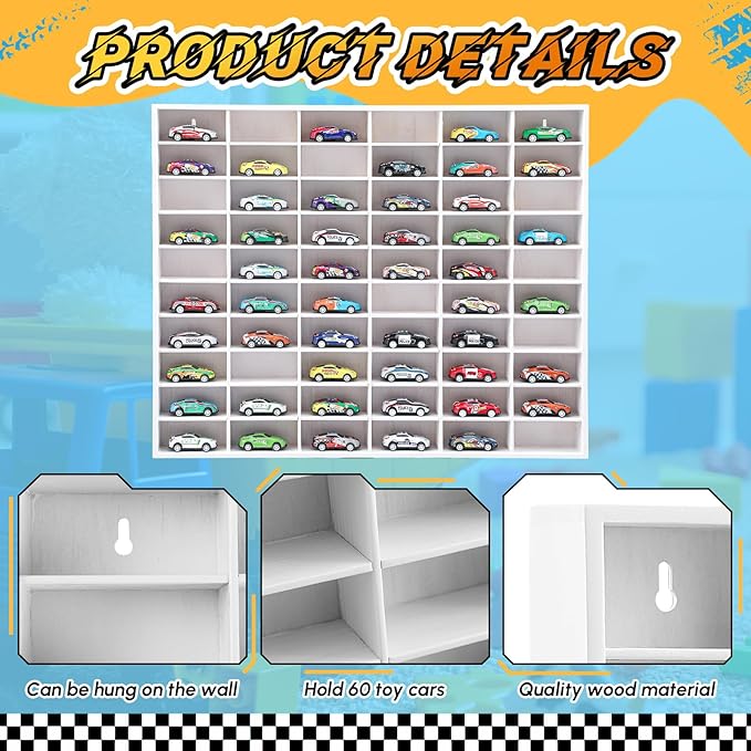 Seenelling Wooden Display Case for Hot Diecast Wheels, 60 Spaces, Wall Mount, 1/64 Scale, Toy Car Storage Display Shelf, Model Car Storage Organizer, Cabinet for Model Collectible (White,Classic)