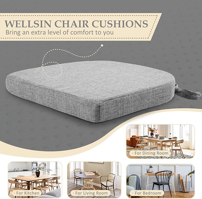 Wellsin Chair Cushions for Dining Chairs 6 Pack - Kitchen Chair Cushions with Ties and Non-Slip Backing - Dining Chair Pads 16"X16"X2", Light Gray