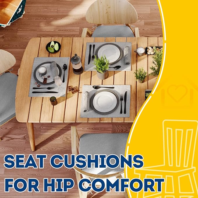 AAAAAcessories D-Shaped Chair Cushions, 2" Thick Dining Chair Pads with Ties and Removable, Machine-Washable Cover, 17" x 16", Set of 6, Light Gray