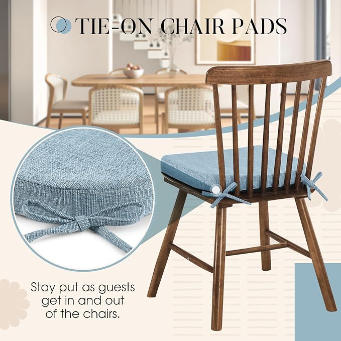 Basic Beyond Chair Cushions for Dining Chairs 4 Pack, Kitchen Chair Cushions with Ties and Non Slip Backing, 16 x 16 inches Chair Pads for Dining Chairs (Baby Blue)